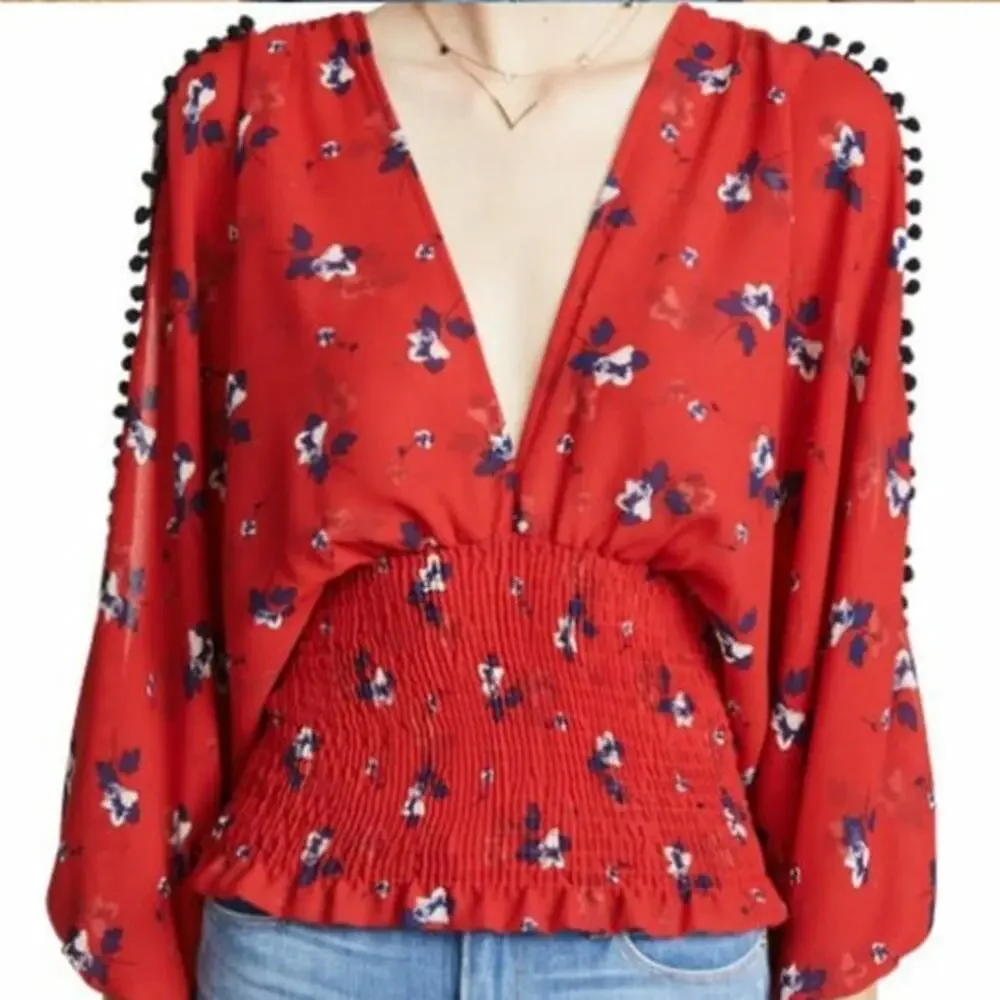 Misa Floral Print Smocked Blouse Long Sleeve Red/Blue Size Medium NWT